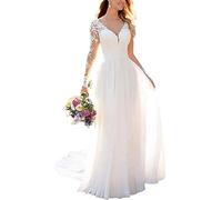 Brautkleid Hochzeitskleid Lang Damen Standesamt Spitzen Brautmode Brautkleider Langarm A-Linie