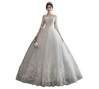Brautkleid Lang Prinzessin Tüll Hochzeitskleid Standesamt Vintage Brautmode A-Linie Ballkleid Spitzen Lang Vintage Lang Prinzessin Elegant Bodenlang Brautkleider,Weiß1,4XL