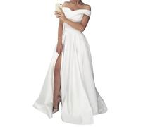 Brautkleid Lange Satin Brautkleid Off Shoulder Kleid Split Brautkleid, SEVENYXX, Elfenbein, 44