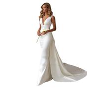 Brautkleider Damen Meerjungfrau Hochzeitskleid Abnehmbarer Zug Bow V-Ausschnitt Standesamtkleider Elegant Einfaches Brautkleid maßgeschneidert