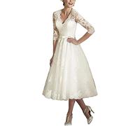 Brautkleider Spitze A-Linie Hochzeitskleid Lang Brautmode Standesamt V-Ausschnitt Vintage Brautkleid 3/4 Arm Elfenbein 44