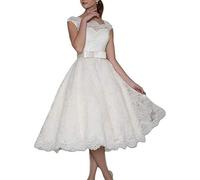 Brautkleider Standesamt Hochzeitskleider Spitze Damen Knielang a Linie mit Gürtel, RONGLONG, Ivory White, 40