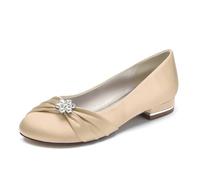 Brautschuhe Damen Geschlossene Zehe Niedriger Absatz Schuhe Hochzeit Damen Satin Braut Schuhe,Champagne,43 EU