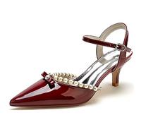 Brautschuhe Damen Kätzchenabsatz Lackleder Bequeme Hochzeit Slingback Sandalen mit Perle,Burgundy,39 EU