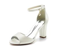 Brautschuhe Damen Peep Zehen Sandalen Blockabsätze Knöchelriemen Hochzeit Brautjungfernschuhe,Elfenbein,36 EU