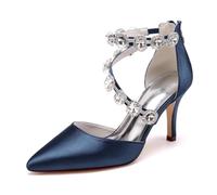 Brautschuhe Damen Satin Hochzeitsschuhe Pfennigabsatz Strass Spitz Prom Party Kleid Schuhe 8.5Cm,Dark Blue,39 EU