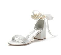 Brautschuhe Damen Sommer Peep Zehen Perle Knöchelriemen Bogen Band Hochzeitsschuhe Mode Blockabsatz Sandaletten,Elfenbein,38 EU
