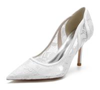 Brautschuhe Damen Spitze Satin Stiletto Pumps Sandalen High Heels Hochzeitsschuhe Braut Absatzschuhe Schuhe,Weiß,38 EU