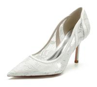 Brautschuhe Damen Spitze Satin Stiletto Pumps Sandalen High Heels Hochzeitsschuhe Braut Absatzschuhe Schuhe,Elfenbein,38 EU