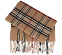 Breiter Schal aus 100% Cashmere für Damen & Herren - 180 x 30 cm - mit großem Karo-Muster & Fransen - super weich & bequem - Beige