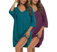 Bresdk 2er Nachthemd Damen Sommer Kurzarm Schlafshirt Oversize Große Größen | 2 Pack Sleepshirt mit 3/4-Ärmeln und 2 Taschen,lockere Nachtwäsche für Schlafen, Zuhause, Reisen, Schwangerschaft und Klinik