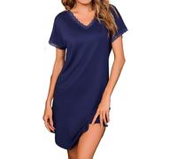 Bresdk Nachthemd Damen Kurzarm Baumwolle Schlafshirt Kurz mit Spitze Sommer Nachtkleid Nachtwäsche Sleepwear für Frauen Dunkelblau L