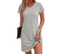 Bresdk Nachthemd Damen Kurzarm Nachthemden für Damen Baumwolle Gestreiftes Nachtwäsche mit Rundhalsausschnitt Spitzen Schlafshirt Grau S