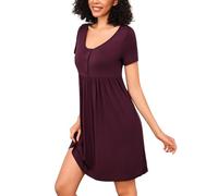 Bresdk Nachthemd Damen Kurzarm Schlafshirt Bamwolle Sommer Nachtwäsche mit Knopfleiste Lila M