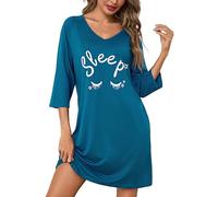Bresdk Nachthemd Damen Langarm Baumwolle Schlafshirt Oversize Bigshirt | Boyfriend-Look, breiter Ausschnitt, lässige Schulterpartie, 3/4-Ärmel, Augen- und Sternmotiv, für Nacht und Freizeit