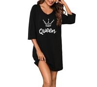 Bresdk Nachthemd Damen Langarm Baumwolle Schlafshirt Oversize Bigshirt | Boyfriend-Look, breiter Ausschnitt, lässige Schulterpartie, 3/4-Ärmel, Augen- und Sternmotiv, für Nacht und Freizeit