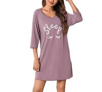 Bresdk Nachthemd Damen Langarm Baumwolle Schlafshirt Oversize Bigshirt | Boyfriend-Look, breiter Ausschnitt, lässige Schulterpartie, 3/4-Ärmel, Augen- und Sternmotiv, für Nacht und Freizeit