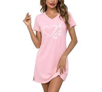 Bresdk Nachthemd Damen mit Herz Printed Schlafshirt Kurzarm Baumwolle Nachtwäsche Sommer Sleepshirt Schlafkleid Nightgown für Frauen