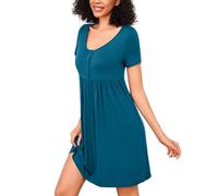 Bresdk Nachthemd Damen Schlafshirt Kurzarm Bamwolle Sommer Nachtwäsche mit Knopfleiste Hellblau XL