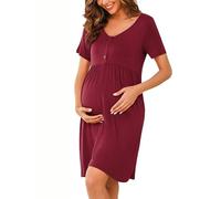 Bresdk Nachthemd Damen Schlafshirt Kurzarm Bamwolle Sommer Nachtwäsche mit Knopfleiste Rot XL