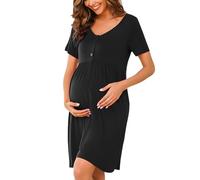 Bresdk Nachthemd Damen Schlafshirt Kurzarm Bamwolle Sommer Nachtwäsche mit Knopfleiste Schwarz S