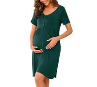 Bresdk Nachthemd Damen Schlafshirt Kurzarm Bamwolle Sommer Stillen Nachtwäsche mit Knopfleiste Grün L