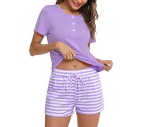 Bresdk Schlafanzug Damen Kurz Baumwolle Pyjama Set Sommer Shorty Kurzarm T-Shirt und Shorty Schlafanzughose mit Tasche mit Knopfleiste Streifte Lila M