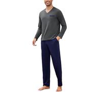 Bresdk Schlafanzug Herren Lang Pyjama Herren Baumwolle Pijamas Langarm Winter Pyjamahose Warmer Schlafanzüge Mit V-Ausschnitt Hauskleidung Grau+Marineblau Übergrößen