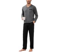 Bresdk Schlafanzug Herren Lang Pyjama Herren Baumwolle Pijamas Langarm Winter Pyjamahose Warmer Schlafanzüge Mit V-Ausschnitt Übergrößen Hauskleidung Grau 3XL