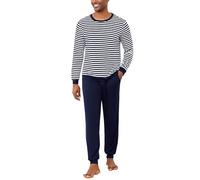 Bresdk Schlafanzug Herren Lang Pyjama Streifen Langarm Baumwolle Winter Schlafanzüge für Herren Pyjamahose Zweiteilig Set Nightwear Blau S