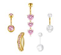 Briana Williams 5stk 14G Bauchnabelpiercing 10mm Gold Edelstahl Bauchnabel Ring Herz Rosa CZ Piercing Schmuck für Frauen und Männer