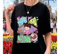 Bright Colorful Geometric Grid Disney Monsters Inc Sulley Mike Boo Roz All Main Characters Flower Star Print Front Oversized Loose Tee Smooth Polyeste
