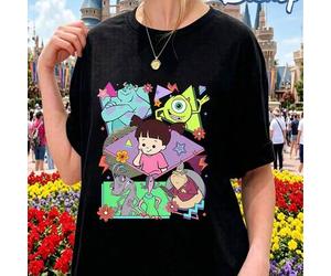 Bright Colorful Geometric Grid Disney Monsters Inc Sulley Mike Boo Roz All Main Characters Flower Star Print Front Oversized Loose Tee Smooth Polyeste