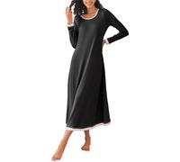Brinol Damen Nachthemd Sleepshirt Schlafanzug Lang Ärmeln Locker Nachtwäsche Kontrastfarbe voller Länge Nachtkleid (S-XXL), Schwarz, EU 42(Herstellergröße: XL)