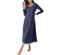 Brinol Damen Nachthemd Sleepshirt Schlafanzug Lang Ärmeln Locker Nachtwäsche Kontrastfarbe voller Länge Nachtkleid (S-XXL), Blau, EU 38(Herstellergröße: M)