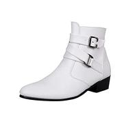 BRISEZZ Herren Kurze Stiefel Runde Zehe Einfarbig Dicker Absatz Niedrige Stiefel Schnalle Seitlicher Ankle Booties mit Reißverschluss Männer Warmer Schneestiefel Flache Stiefeletten（Weiß，45）