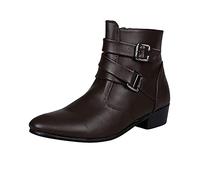 BRISEZZ Herren Kurze Stiefel Runde Zehe Einfarbig Dicker Absatz Niedrige Stiefel Schnalle Seitlicher Ankle Booties mit Reißverschluss Männer Warmer Schneestiefel Flache Stiefeletten（Braun，44）