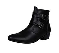 BRISEZZ Herren Kurze Stiefel Runde Zehe Einfarbig Dicker Absatz Niedrige Stiefel Schnalle Seitlicher Ankle Booties mit Reißverschluss Männer Warmer Schneestiefel Flache Stiefeletten（Schwarz，43）