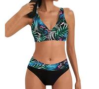 Briskorry Badeanzug Damen Gepolstert Bikini Set Neckholder Leopard Bikini Oberteil High Waist Wickel Bikinihose Tiefer V Ausschnitt Sportlich Zweiteiliger Strandbikini