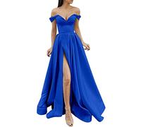 Briskorry Ballkleider Damen Lang Cocktailkleid Langarm A-Linie Satin Spaghetti Abendkleider Frauen Elegant Neckholder Backless Maxikleider Schlitz Brautkleid Festkleider mit Taschen