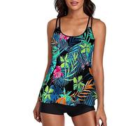 Briskorry Bikini Damen Schwarz Zweiteiler Sexy Bikini-Sets,Badeanzug Tankini Push Up Bikinis Badeanzug Bademode Schwimmanzug Formend Badeanzug Mit Tropenmuster Triangel Geteilter Strandkleidung