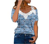 Briskorry Bluse Damen Elegant Spitzen Blusenshirt Schulterfrei V-Ausschnitt Hemdbluse Damen Sommer Kurzarm Tshirt Bedruckter Tunika Tops Sexy Kalte Schulter T-Shirt
