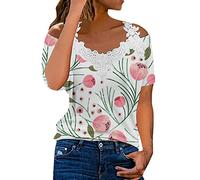 Briskorry Blusen Damen Spitze Bluse Elegantes Damenblusen Sexy Tshirt Damen Sommer V-Ausschnitt Tshirts Kurzarm Shirts Schulterfreie Oberteile Tunika Hemd Tops Große Größen Freizeithemd