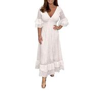 Briskorry Cocktailkleid Damen Große Größen Spitzen Nähten Abendkleid Kurzarm Schulterfrei Partykleid Elegantes Einfarbiges Ballkleid A-Linie Knöchellanges Maxikleid Tunikakleid