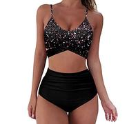 Briskorry Damen Badeanzug Gepolstert Bikini Set Neckholder Leopard Bikini Oberteil High Waist Wickel Bikinihose Tiefer V Ausschnitt Sportlich Zweiteiliger Strandbikini