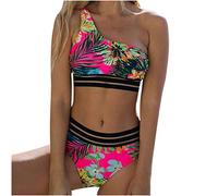 Briskorry Damen Bauchweg Bikini Bademode Set,Badeanzug Bademode Zweiteilig High Waist Push Up Bikinis Bademode Swimsuit Blumenmuster Crop Top Gerippte Badeanzug Strandmode Wickeloptik