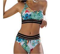 Briskorry Damen Bauchweg Bikini Bademode Set,Badeanzug Bademode Zweiteilig High Waist Push Up Bikinis Bademode Swimsuit Blumenmuster Crop Top Gerippte Badeanzug Strandmode Wickeloptik