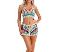 Briskorry Damen Bikini Set Neckholder Zweiteilig Gehäkelt Bralette Stricke-Bademode Badeanzug Schale Swimsuit Sexy Mesh Cut Out Strandbikini Criss Cross Seitlich Gebunden Schwimmanzug