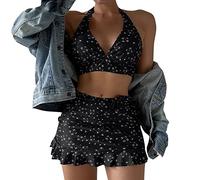 Briskorry Damen Bikini Set Neckholder Zweiteilig Gehäkelt Bralette Stricke-Bademode Badeanzug Schale Swimsuit Sexy Mesh Cut Out Strandbikini Criss Cross Seitlich Gebunden Schwimmanzug