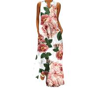 Briskorry Damen Freizeitkleid Ärmelloser V-Ausschnitt Maxikleid mit Taschen Blumen Drucken Sommerkleid Langes Jahrgang Boho Kleid Elegant Strandkleid Blusenkleider